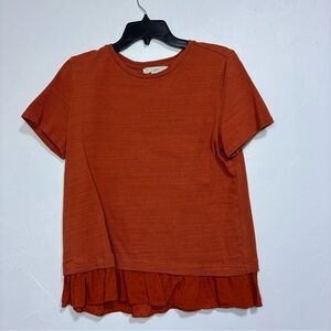 Loft Orange Ruffle Hem Women's Top Medium Cotton Short Sleeve